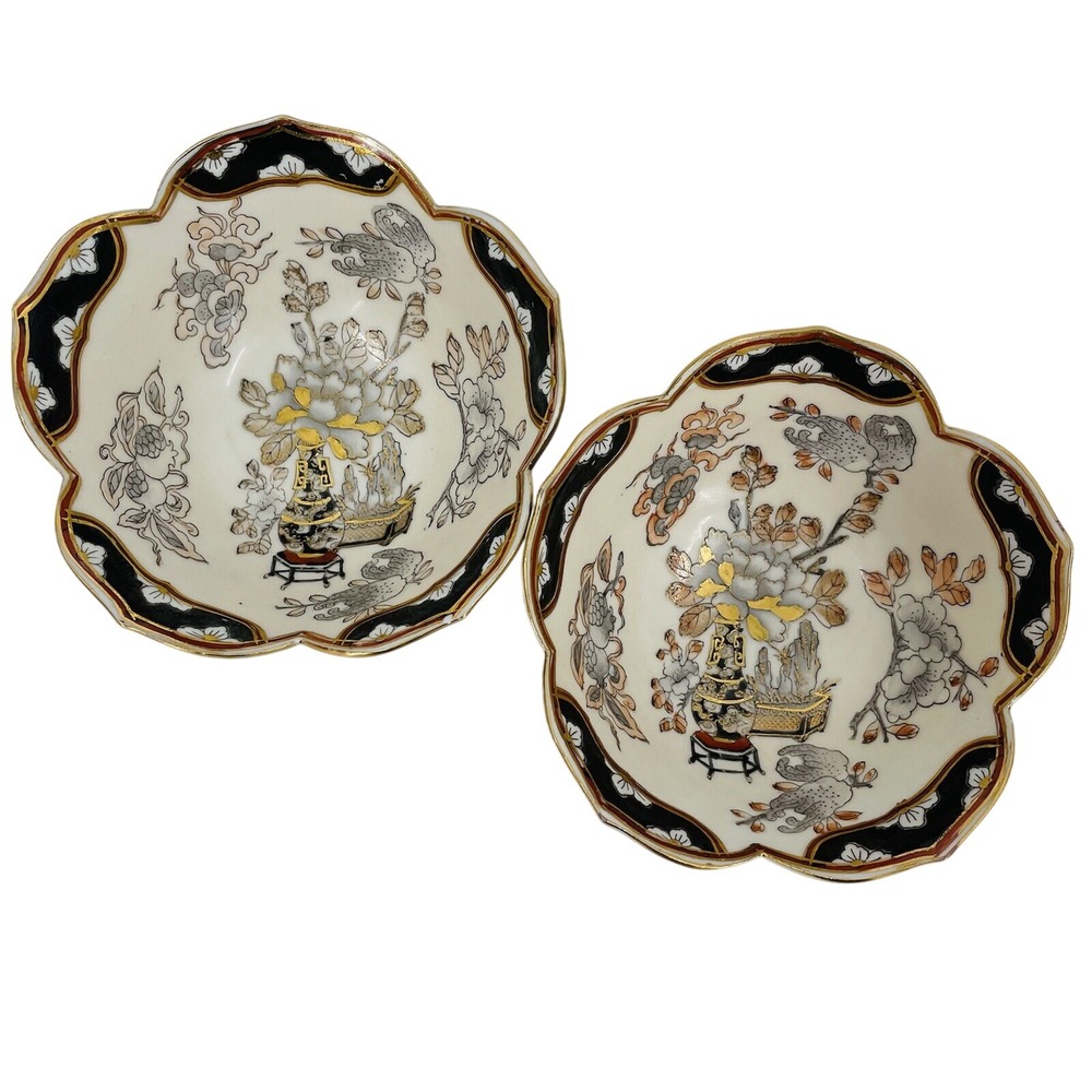 Toyo Macau Hand Painted Porcelain Scalloped Bowls Set of 2 Gold Gilt 4.75"